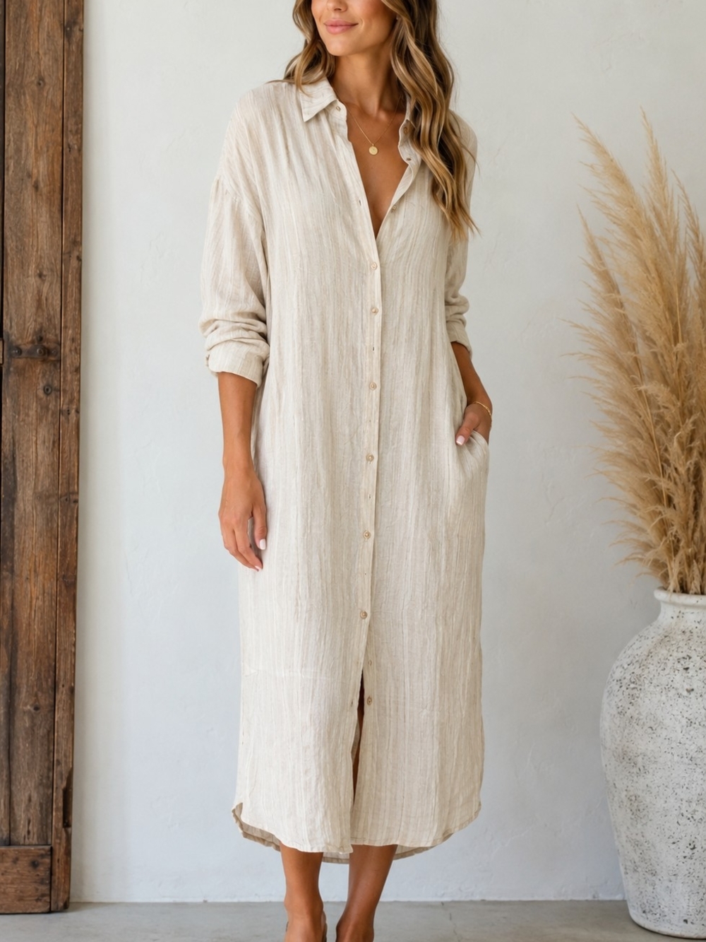 Beulah NWT Cream Button-Front Linen Dress One Size 23ptp - Picture 1 of 4